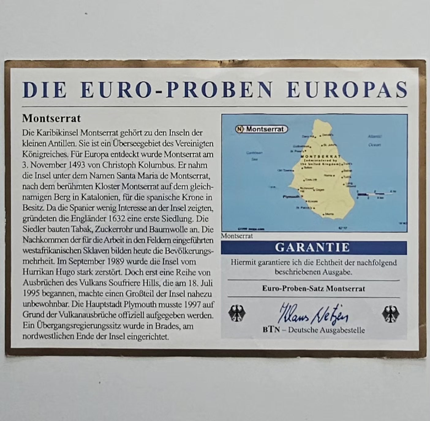 Certificate card: Die Euro-Proben Europas, Montserrat, BTN guarantee