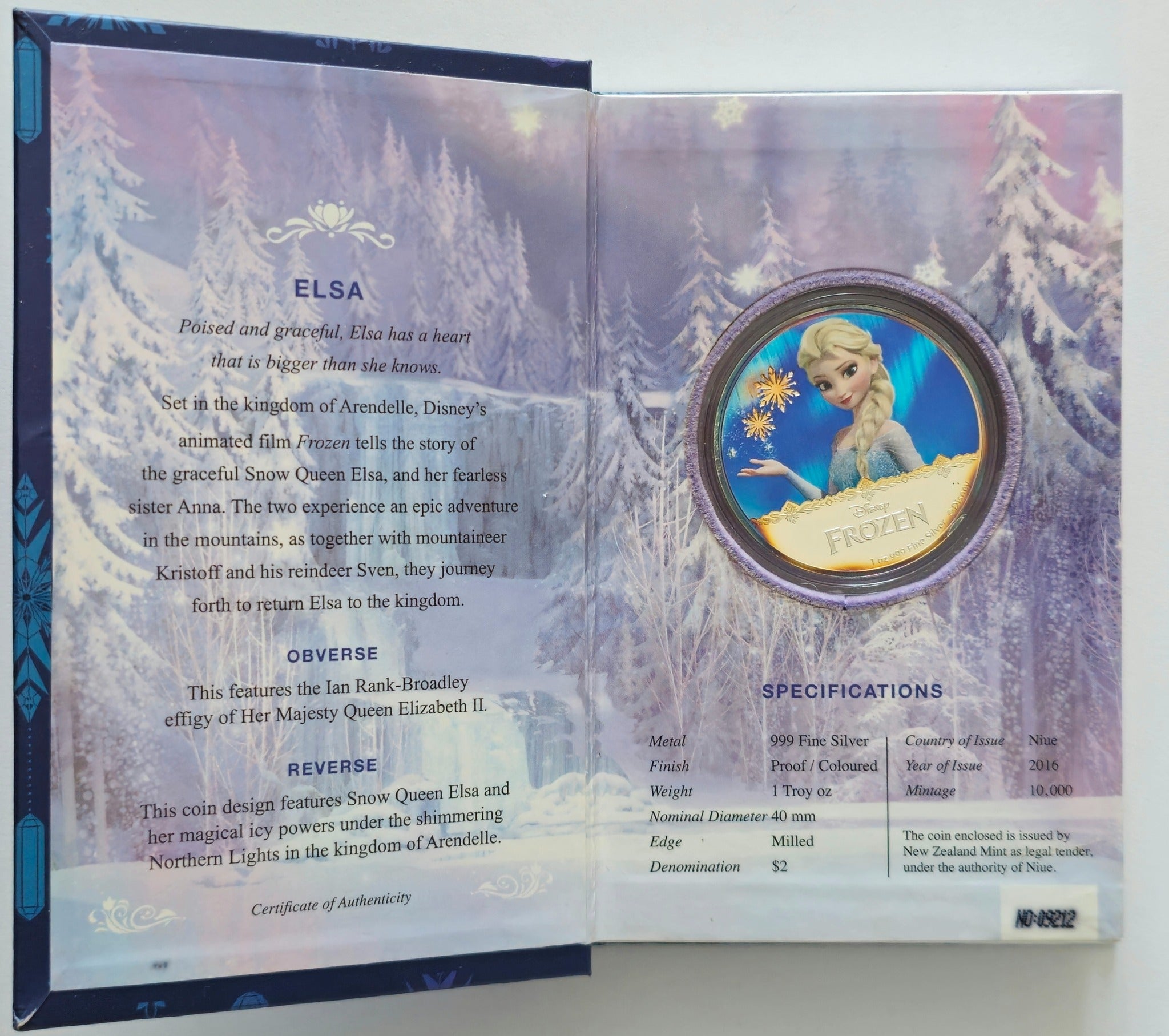 Disney Frozen Elsa proof silver coin with colourised design and snowflake details.