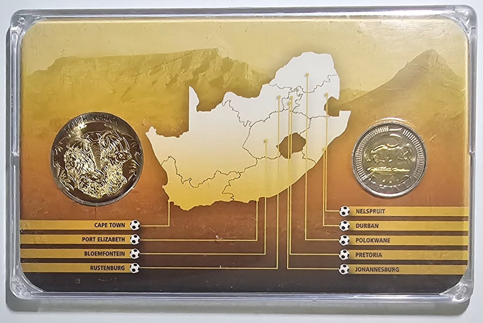 South Africa 2010 FIFA World Cup coincard front with host cities map