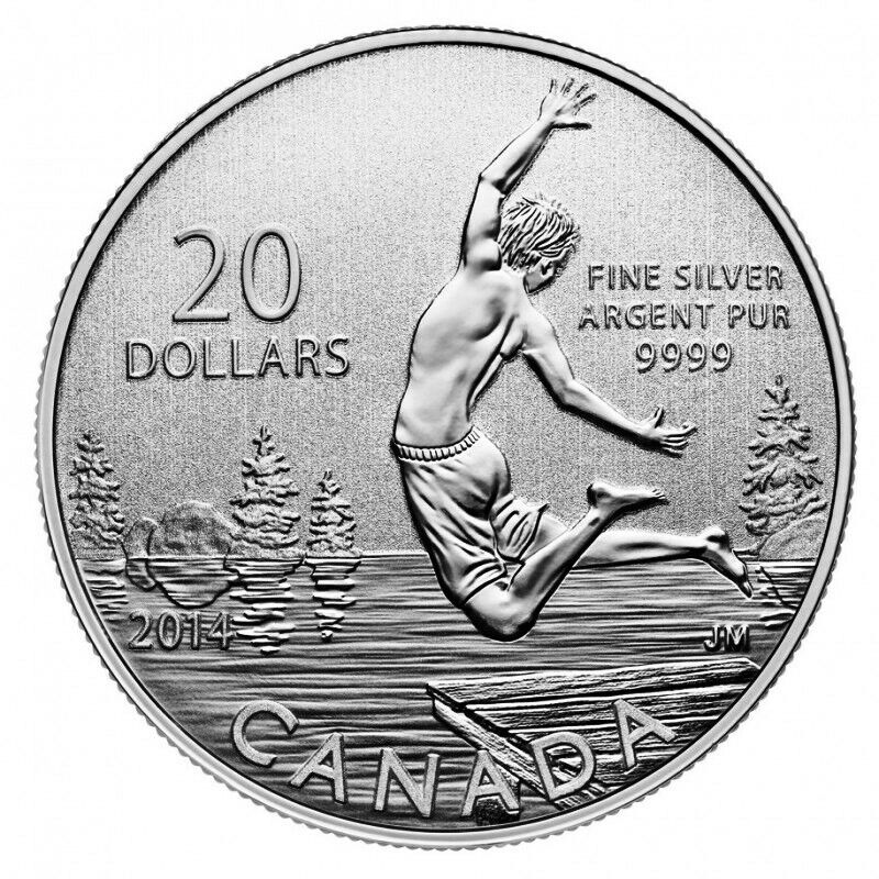 Close-up reverse of 2014 Canada $20 Summer Fun fine silver coin.