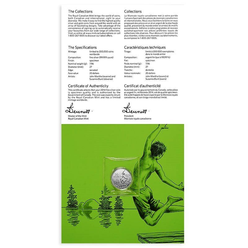 2014 Canada $20 Summer Fun silver coin with COA card and packaging displayed front view.