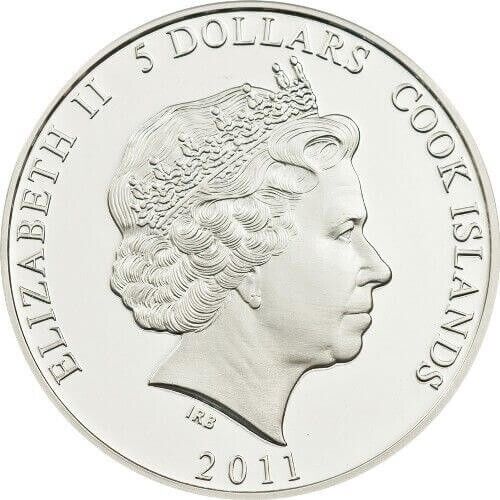 Cook Islands 5 Dollars silver proof coin obverse with detailed portrait and inscriptions