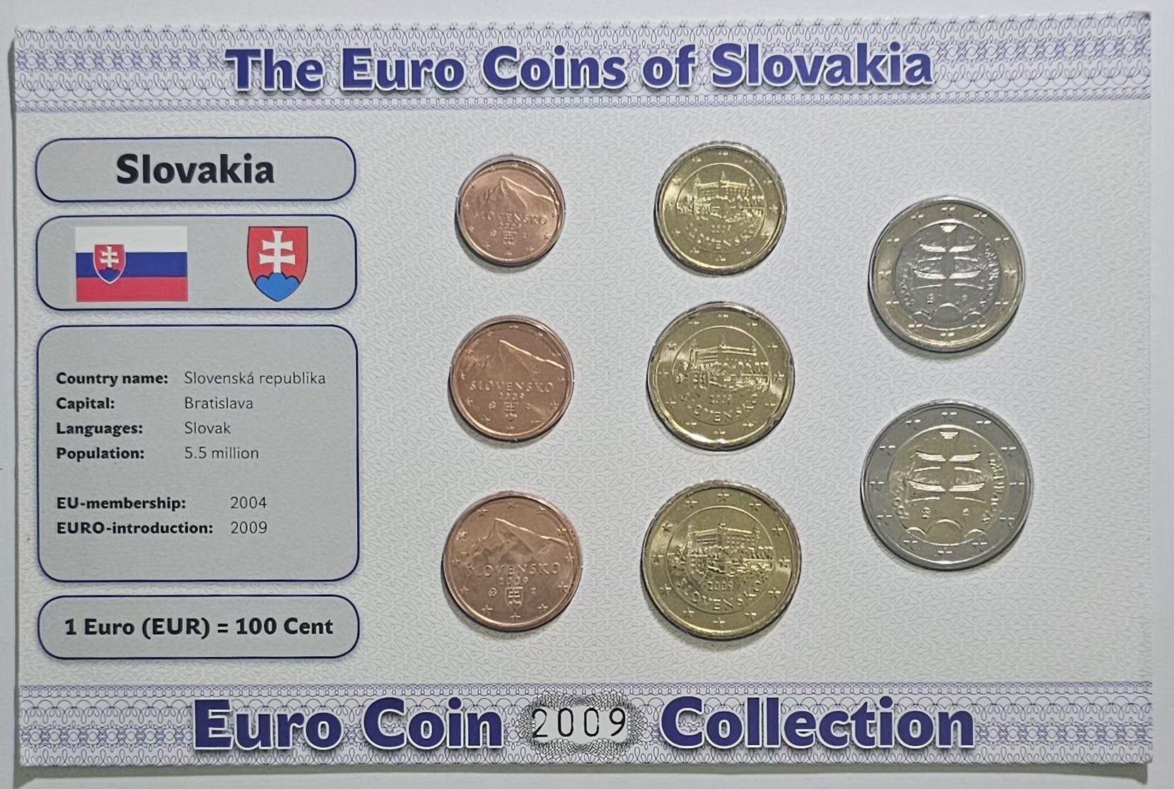 Slovakia Euro Coin Collection 2009 card - national sides, flag and country facts