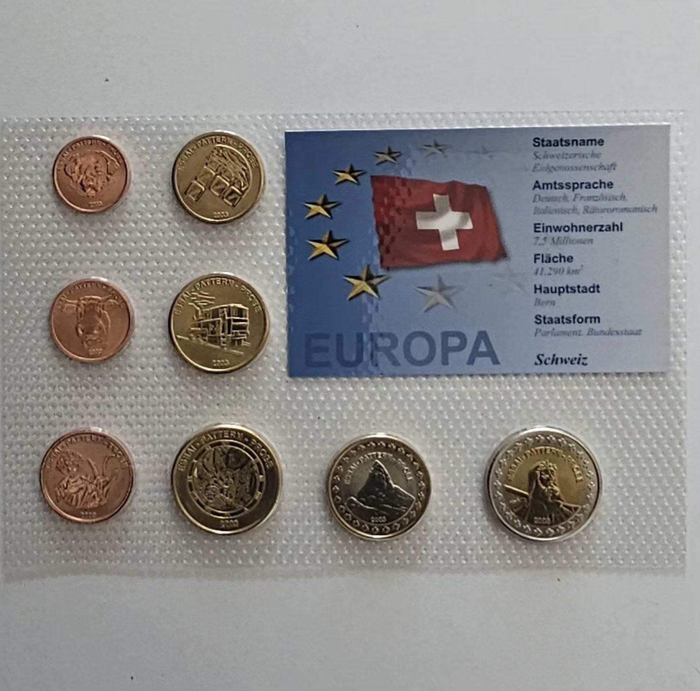 Switzerland euro pattern coins, national sides, sealed card with country data