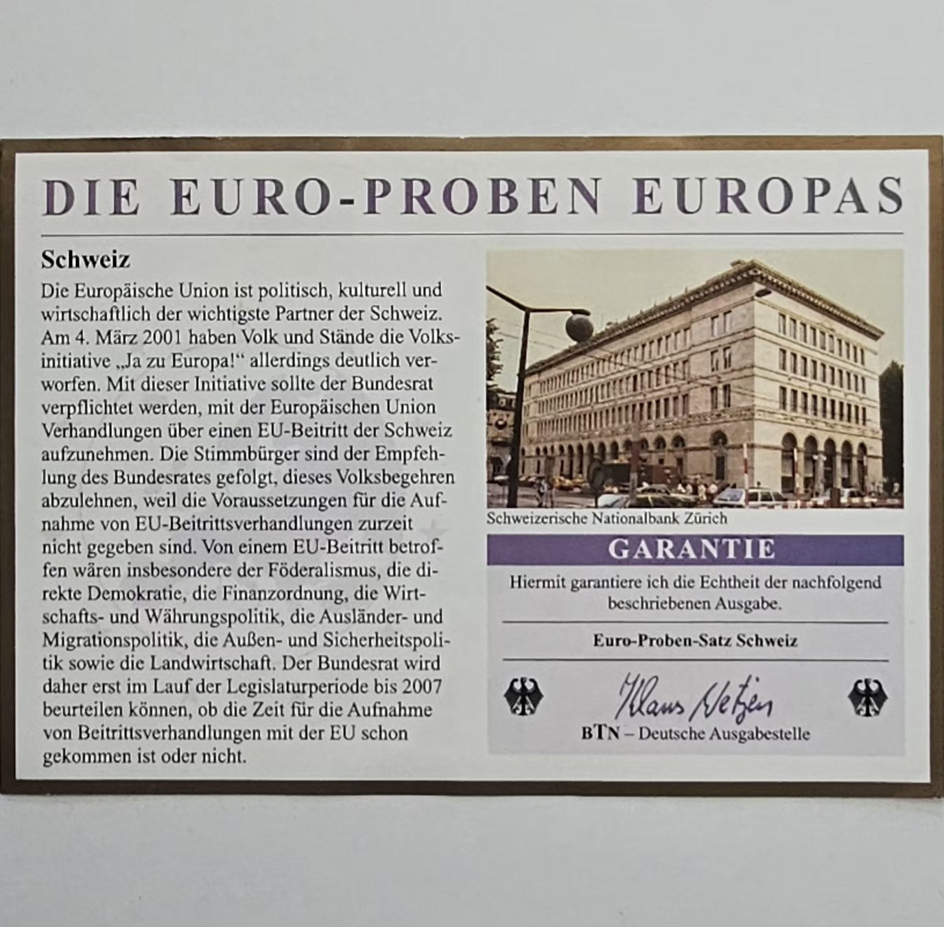 Certificate card: Die Euro-Proben Europas, Switzerland, BTN guarantee